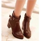 Block Heel Buckled Pointed Short Boots