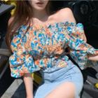 Off-shoulder Floral Cropped Blouse / Denim Slit Midi Pencil Skirt