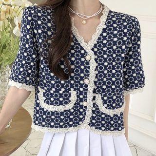 Short-sleeve Lace Trim Floral Print Button-up Top