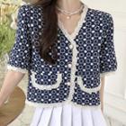 Short-sleeve Lace Trim Floral Print Button-up Top