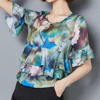 Printed Ruffle Trim Short Sleeve Chiffon Top