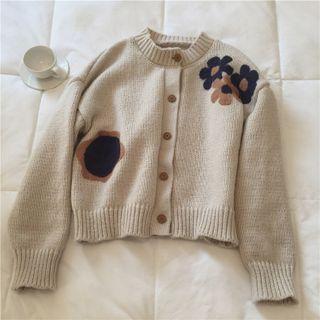 Round Neck Flower Embroidered Cardigan Almond - One Size