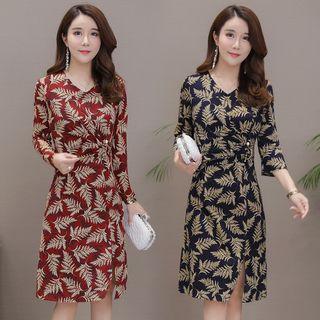3/4-sleeve Leaf Print A-line Dress/ Long-sleeve Dress
