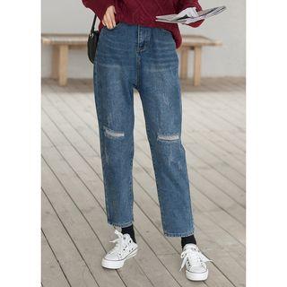 Straight-cut Ripped Cropped Jeans