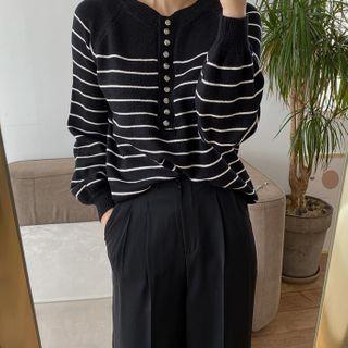 Button-trim Stripe Knit Top Black - One Size