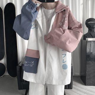 Cat Print Color Block Hooded Jacket