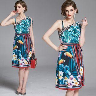 Set: Printed Sleeveless Top + Flower Print A-line Skirt