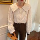 Peter Pan Collar Long-sleeve Blouse Almond - One Size