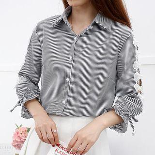 Faux Pearl Bow 3/4-sleeve Striped Shirt