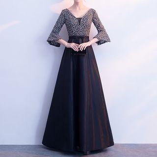 V-neck 3/4-sleeve A-line Evening Gown