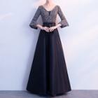 V-neck 3/4-sleeve A-line Evening Gown