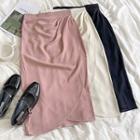 High-waist Plain Asymmetrical Slit Midi Skirt