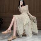 Long-sleeve Irregular Lace Mesh Dress