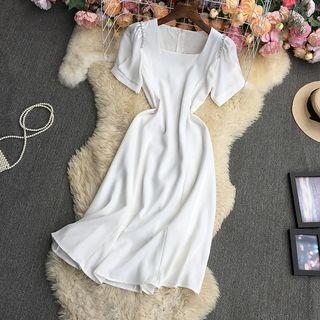 Short-sleeve Rhinestone Midi A-line Dress