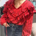 Striped Frill-trim Blouse Red - One Size