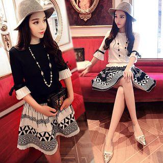 Set: Two-tone 3/4-sleeve Top + A-line Mini Skirt