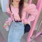 Long-sleeve Off-shoulder Print Top Pink - One Size