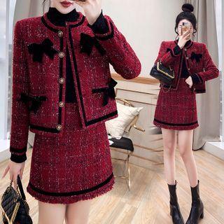 Set: Bow Accent Tweed Button-up Jacket + Mini Pencil Skirt