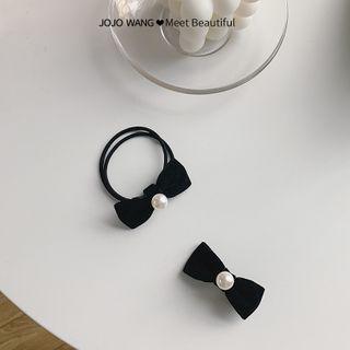 Faux Pearl Fabric Bow Hair Tie Set Of 2 - Scrunchie & Hair Clip - One Size