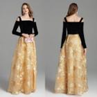 Long-sleeve Cold-shoulder Embroidered A-line Evening Gown
