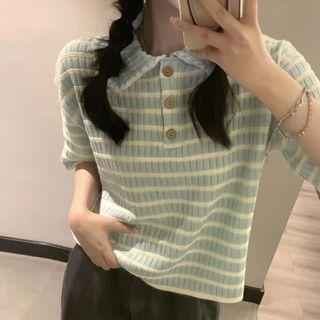 Short-sleeve Striped Knit Polo Shirt Light Blue - One Size