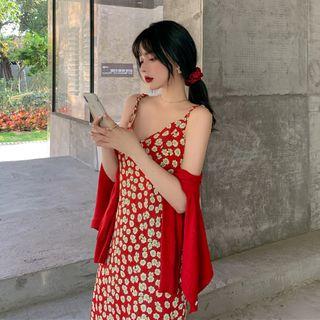 Cropped Cardigan / Floral Strappy A-line Midi Dress