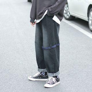 Ripped Strap Washed Straight-cut Jeans