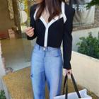 Long-sleeve V-neck Cropped Color-block Blazer