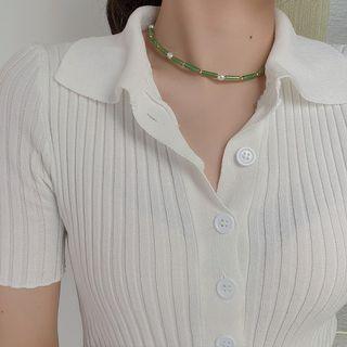 Faux Gemstone Necklace 1pc - Green & White & Gold - One Size