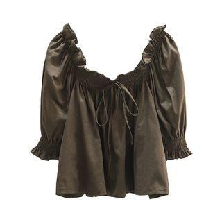 Elbow-sleeve Blouse Black - One Size
