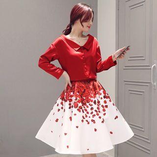 Set: V-neck Shirt + Floral A-line Skirt