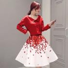 Set: V-neck Shirt + Floral A-line Skirt