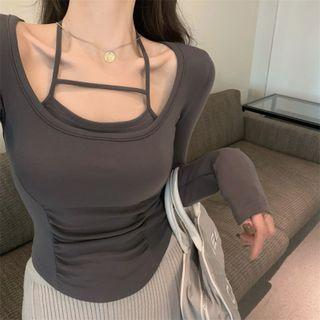 Mock Two-piece Long-sleeve Halter-neck T-shirt