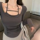 Mock Two-piece Long-sleeve Halter-neck T-shirt