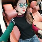 Mock Two-piece Long-sleeve Color Block T-shirt