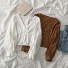 Long-sleeve Buttoned V-neck Crop Top