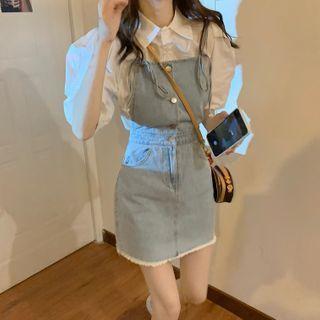 Puff-sleeve Plain Blouse / Frayed Denim Pinafore Dress
