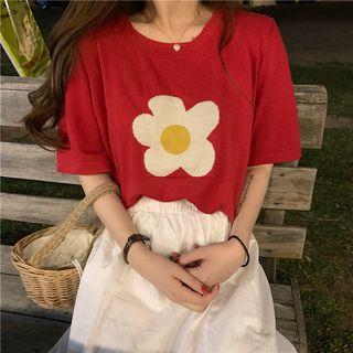Flower Pattern Short-sleeve Knit Top
