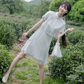 Mock Two Piece Short-sleeve A-line Qipao