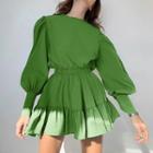 Puff-sleeve Crew-neck Plain Ruffle-trim Mini A-line Dress
