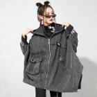 Asymmetrical Hooded Zip Denim Jacket With Lining - Black - One Size