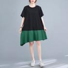 Two-tone Panel Asymmetrical Hem Midi A-line Dress Black & Green - One Size