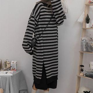 Slit-side Striped Oversize Pullover Dress Black & Gray - One Size