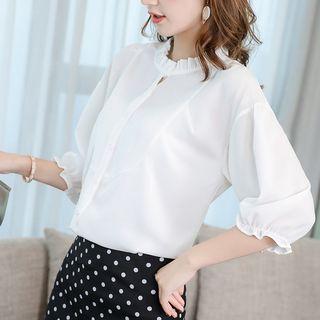 3/4-sleeved Ruffled-trim Chiffon Shirt