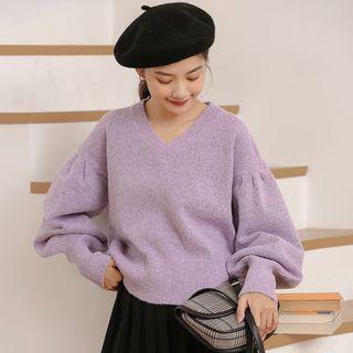 Bishop-sleeve V-neck Sweater