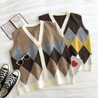Color-block Argyle V-neck Sleeveless Knit Vest