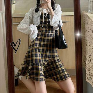 Spaghetti Strap Plaid Mini A-line Dress / Tie-strap Cropped Cardigan