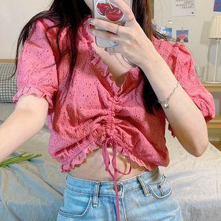Balloon-sleeve Drawstring Eyelet Lace Blouse Dark Pink - One Size