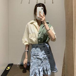 Two-tone Puff-sleeve Shirt