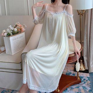 Puff-sleeve Cold-shoulder Lace Trim Midi Sleep Dress
